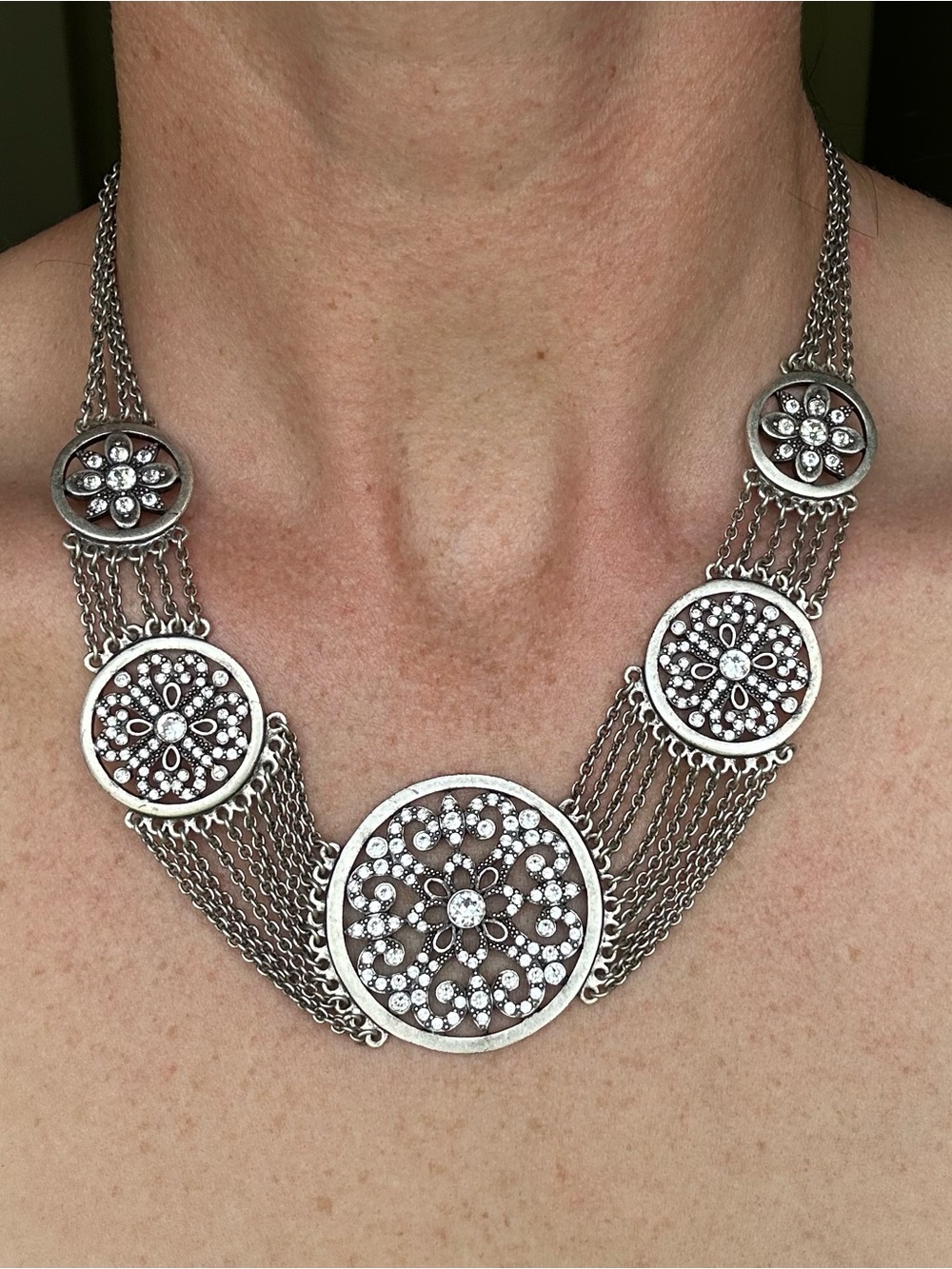 Touchstone Crystal Silver-Tone Floral Medallion Multi-Chain Necklace